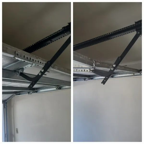 Before and after photos of opener arm reinforcement bracket installed across top panel of a Stittsville garage door